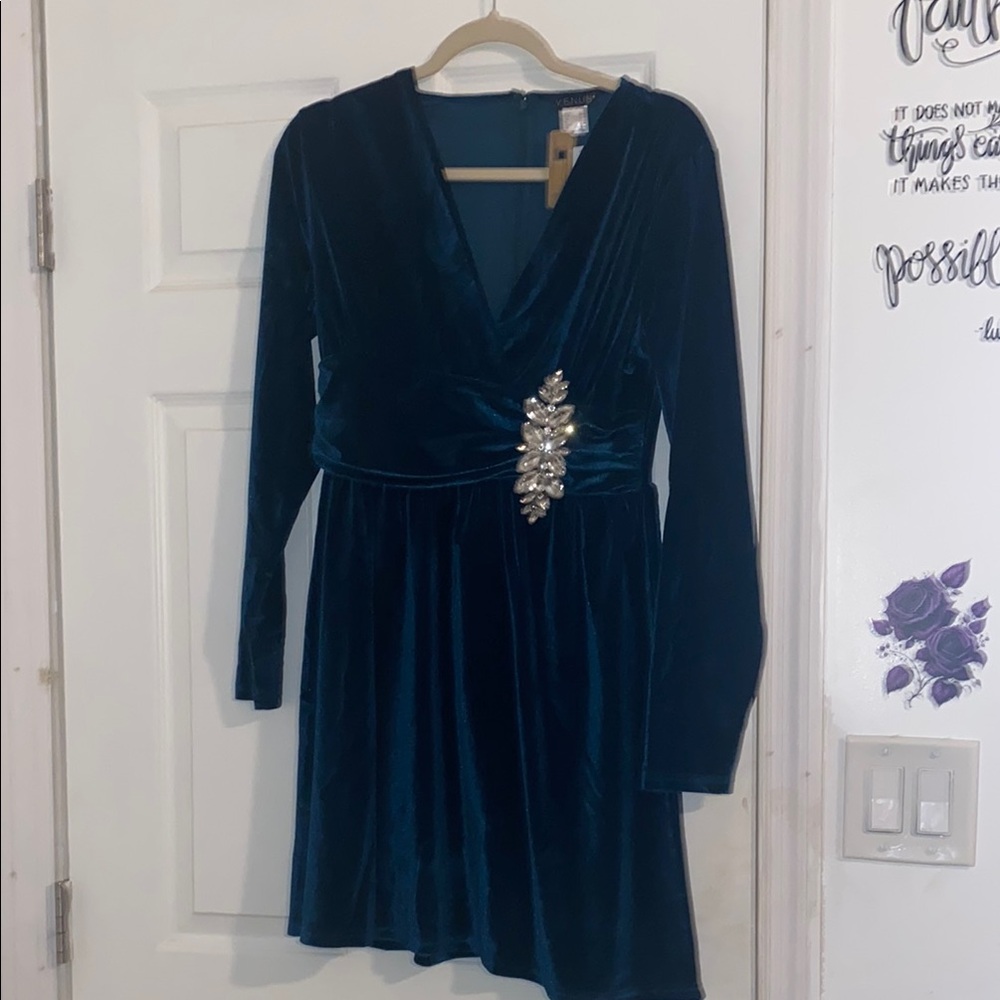 Venus Elegant Teal Velvet Dress with Embellishment